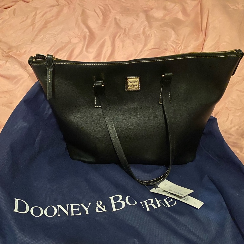 New with Tags: leather Zip Top Shopper tote, black w/ gold metal.